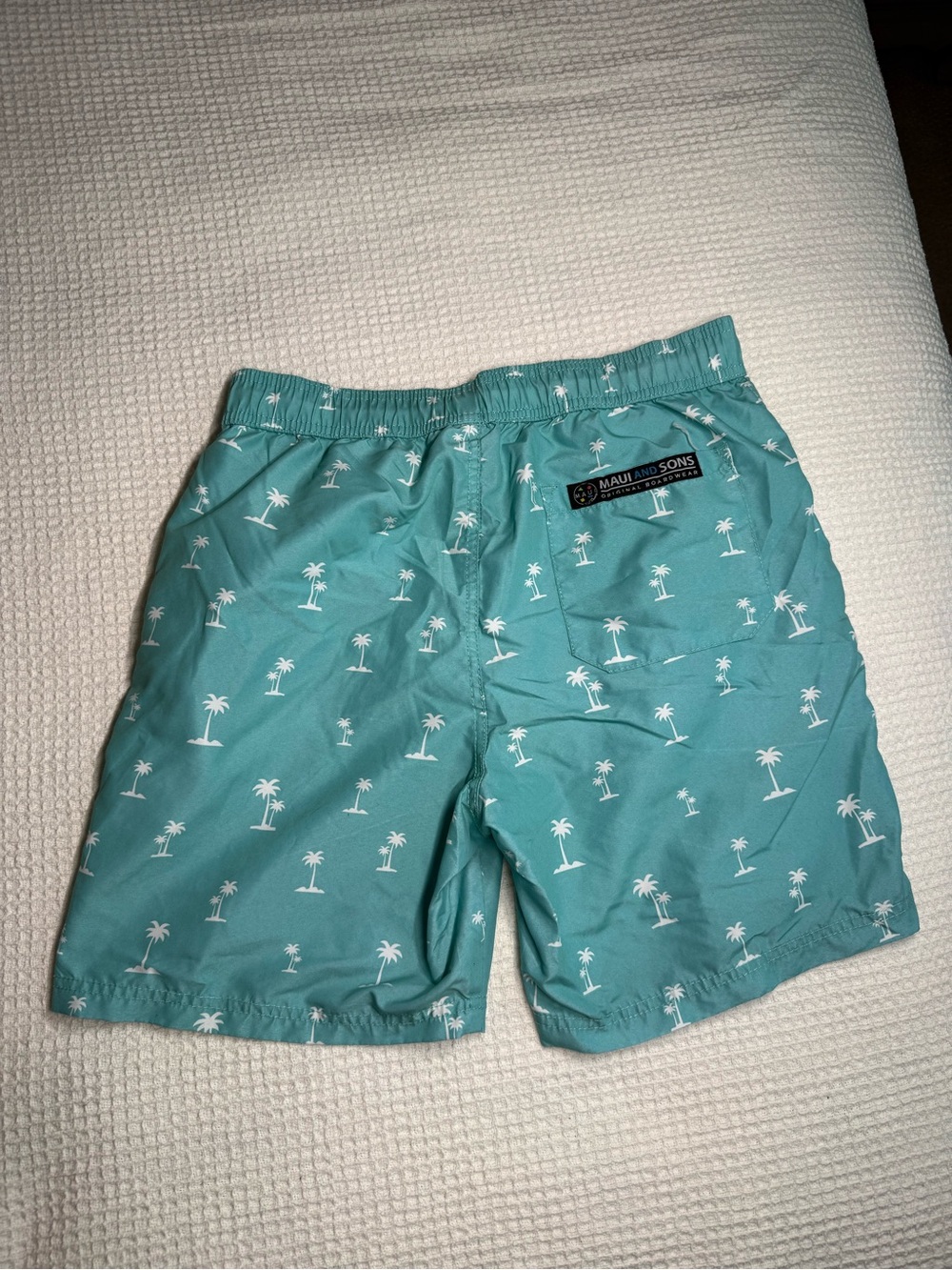 Maui and Sons Teal Swim Trunks with White Palm Print